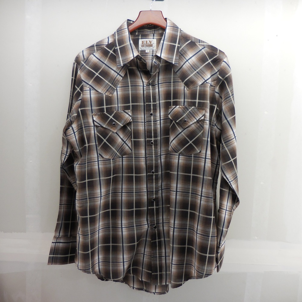 Ely Cattleman Mens Large Brown Plaid Long Sleeve Western Pearl Snap Shirt
